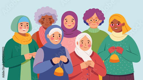 A group of elderly individuals knitting scarves and hats which they will later donate to refugees and those affected by war and conflict.. Vector illustration