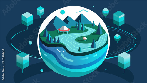 An immersive experience where data is visualized as rivers flowing across a rotating sphere.. Vector illustration