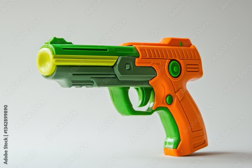 A colorful toy pistol laying isolated on a white surface A colorful toy pistol laying isolated on a white surface