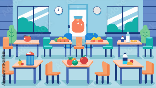The cafeteria is filled with healthy snacks and water stations for students to refuel between fitness challenges.. Vector illustration