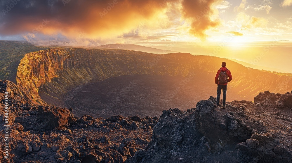 A hiker standing at the edge of a volcanic crater, gazing at the vast, rocky landscape below. The golden sunrise casts a warm glow over the dramatic and surreal environment. A hiker standing at the edge of a volcanic crater, gazing at the vast, rocky landscape below. The golden sunrise casts a warm glow over the dramatic and surreal environment.