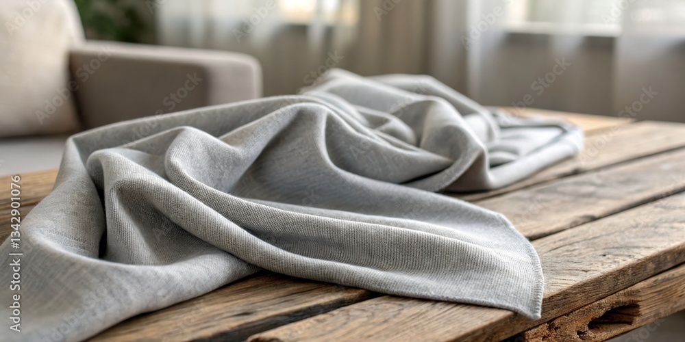 Gray fabric draped on rustic wooden table in bright interior during daytime