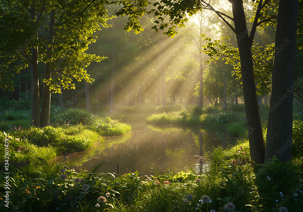Sunbeams Illuminating Serene Forest Pond: A Magical Dawn in Lush Green Landscape Sunbeams Illuminating Serene Forest Pond: A Magical Dawn in Lush Green Landscape