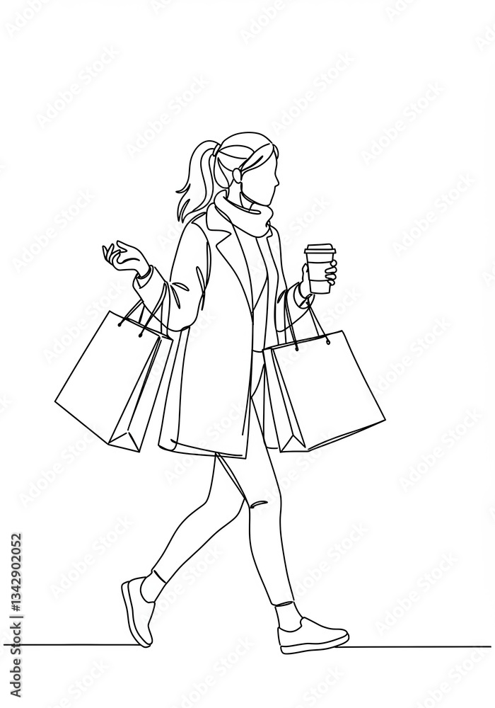 Stylish woman walking with shopping bags and coffee, minimalist line art Stylish woman walking with shopping bags and coffee, minimalist line art