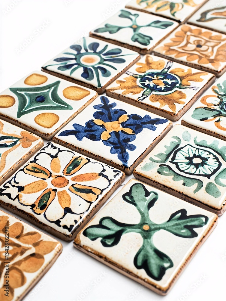 Fototapeta premium Artfully arranged, hand-painted ceramic tiles on a white background highlight intricate patterns and vibrant hues, ideal for home decor and modern interior design.