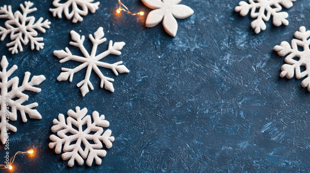 Festive Snowflake Cookies on Dark Blue Surface with Lights Festive Snowflake Cookies on Dark Blue Surface with Lights