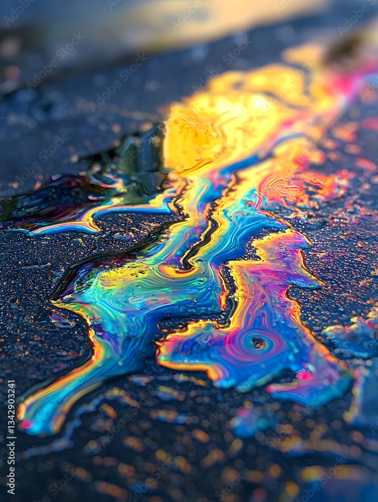 Fototapeta premium Like a painter whimsically spilled a box of rainbows onto a shimmering canvas, an oil spill orchestr