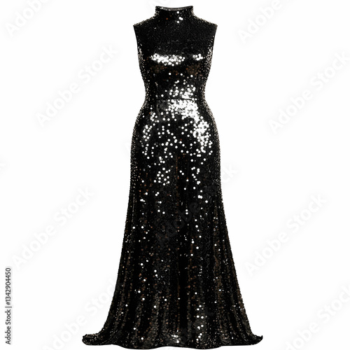A black sequin sleeveless dress, isolated on a white background