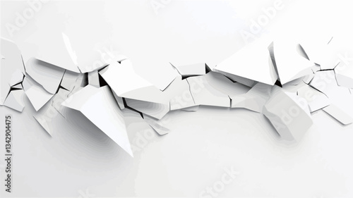 The image depicts a digitally rendered, abstract representation of a cracked white surface. The cracks are irregular and fragmented, showing various sizes and shapes of white pieces separated from