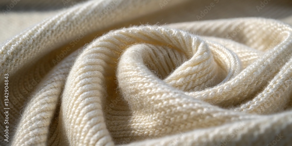 Soft cream knit fabric arranged in a spiral shape on a sunny surface showcasing its texture and warmth