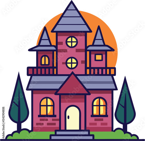 Vector spooky mansion with orange sunset background, A vector illustration of a spooky mansion with pointed towers, surrounded by trees and set against an orange sunset background.  
