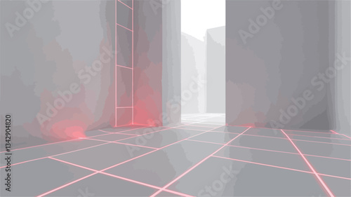 The image depicts a digitally rendered, minimalist interior space.  The walls and floor are predominantly white, creating a clean and bright atmosphere.  Red laser lines intersect across the floor,