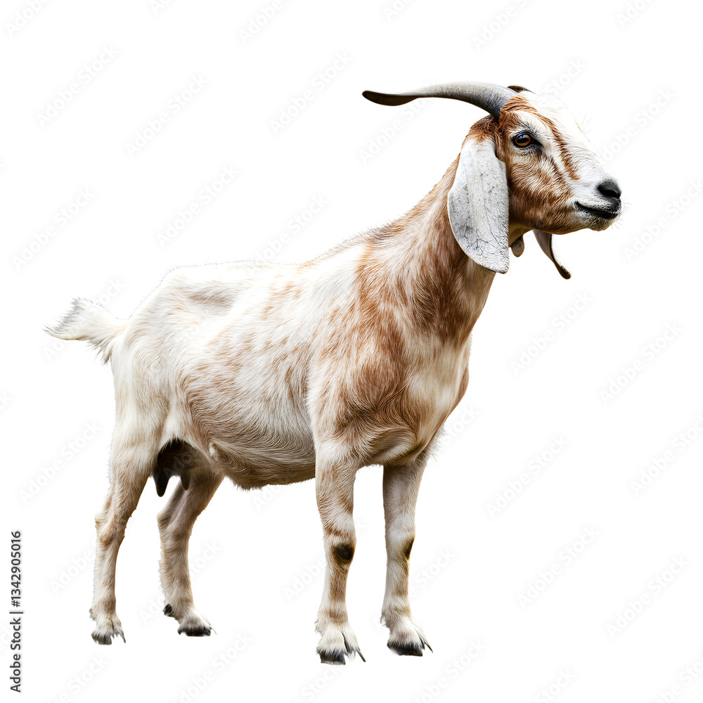 Fototapeta premium Adult Goat with Curved Horns Standing Proudly Isolated on Transparent Background 