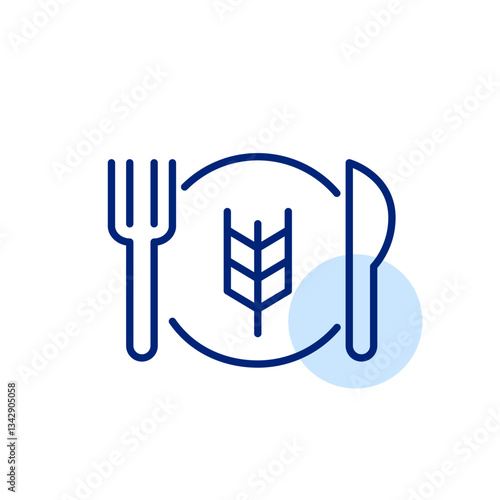 Wheat grain on plate, fork and knife. Homemade or artisan bread. Pixel perfect, editable stroke vector icon