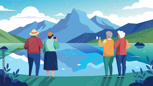 A group of seniors standing at the edge of a tranquil lake their cameras capturing the reflection of a stunning mountain range in the water.. Vector illustration