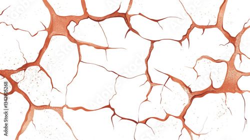 High-resolution image depicting a detailed texture of cracked surface. The cracks are predominantly orange-brown in color against a white background.  The cracks are irregular, branching out in a