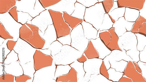 The image presents a high-resolution, close-up view of an abstract pattern.  The pattern consists of irregularly shaped, orange and white fragments, resembling cracked or broken pieces fitting