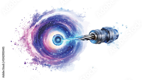 A digital illustration depicting a metallic drill bit penetrating a swirling cosmic nebula. The nebula is rendered in shades of purple, pink, and blue, creating a vibrant and energetic effect. The