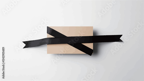 High-angle, close-up view of a small, square, light beige or kraft-colored gift box on a white background. The box is adorned with a black ribbon tied in a simple, diagonal cross over the top of