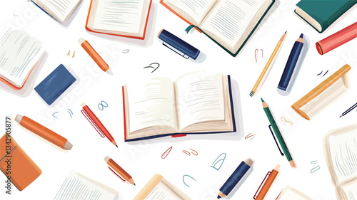 High-angle, close-up view of a flatlay composition featuring several open and closed books, various writing instruments (pencils and pens in assorted colors), notebooks, and other stationery items
