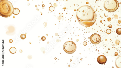 The image shows a collection of golden, translucent bubbles of varying sizes dispersed against a bright white background. The bubbles appear to be floating or suspended, exhibiting a glossy and