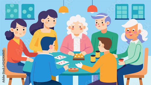 Teens visiting a retirement home spending time with the residents listening to their stories and playing board games together.. Vector illustration