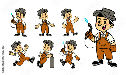 Cartoon Set of Happy Welder Mascot