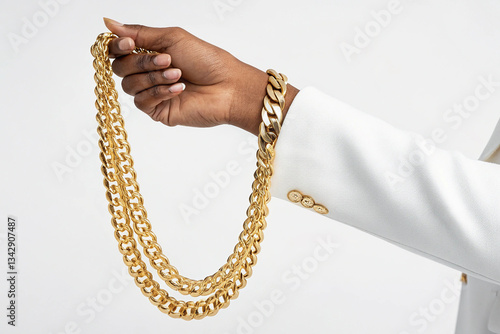 Hand holding gold chain isolated on white background. A hand showcasing a gold chain, isolated on white, perfect for fashion or jewelry-themed visuals.