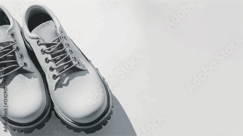 High-angle, close-up view of a pair of white leather lace-up shoes positioned on a plain white background. The shoes are slightly angled, with their toes pointing towards the bottom left corner of