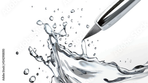 Close-up shot of a silver pen dipping into water, creating a dynamic splash. The water droplets and wave patterns are sharply defined against a white background. The image is predominantly