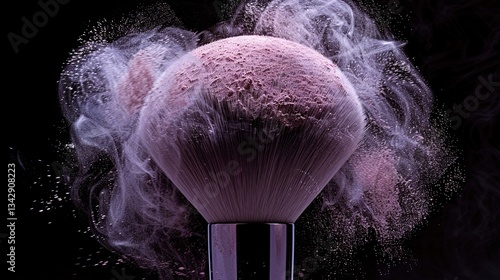 Make up brush with soft pink fine powder, isolated on a black background. advertising image for cosmetic brand HD 8K wallpaper Photographic Image