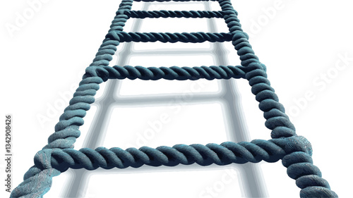 A digital image depicting a rope ladder against a white background. The ladder is composed of thick, dark blue or gray rope, with the rungs appearing as interwoven sections of the same rope. The