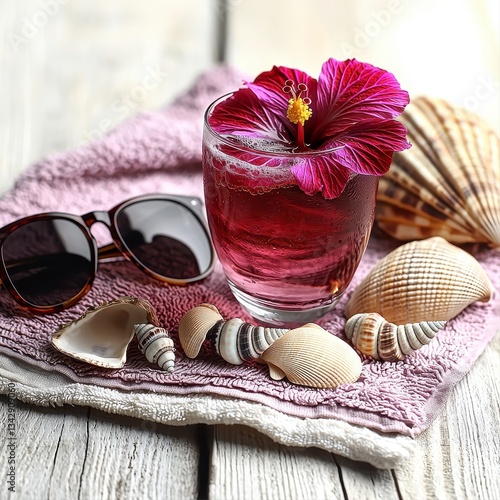 Refreshing hibiscus drink and sunglasses on a beach towel surrounded by seashells creating a relaxing atmosphere photo