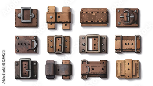 A digital illustration showcasing a collection of twelve different belt buckles and straps.  The items are depicted in various styles, combining leather and metal elements.  The overall aesthetic