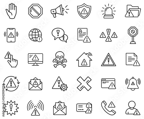 Warning and Alert System Line Icons – Caution, Danger, Security Threats, Notifications, Emergency Signals, Cybersecurity, Risk Management, Hazard Symbols, and Critical Alerts Icon Set