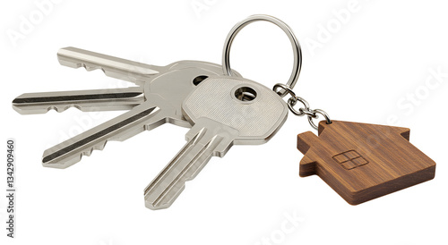 House Keys with Wooden Home-Shaped Keychain – Real Estate and Security Concept isolated transparent background