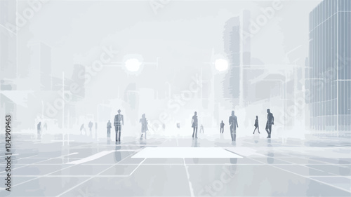 The image depicts a minimalist, almost abstract, scene of numerous indistinct human figures walking in a hazy, white cityscape.  The figures are rendered as blurry silhouettes, lacking individual