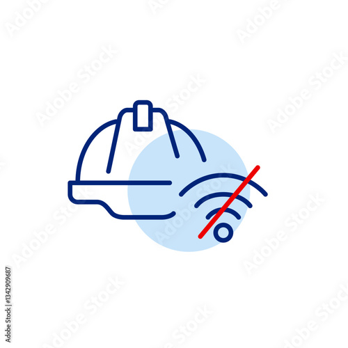 Hard hat and wi-fi crossed out. Manual mode only, tech-free worksite. Web page under construction. Pixel perfect, editable stroke vector icon