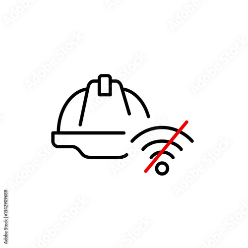 Hard hat and wi-fi crossed out. Manual mode only, tech-free worksite. Web page under construction. Pixel perfect, editable stroke vector icon