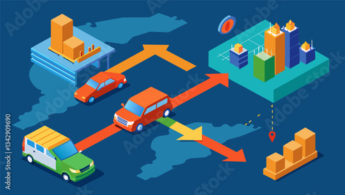 An immersive 3D map displaying the movement of supply and demand in the automotive industry with realtime updates on changes in production and sales.. Vector illustration