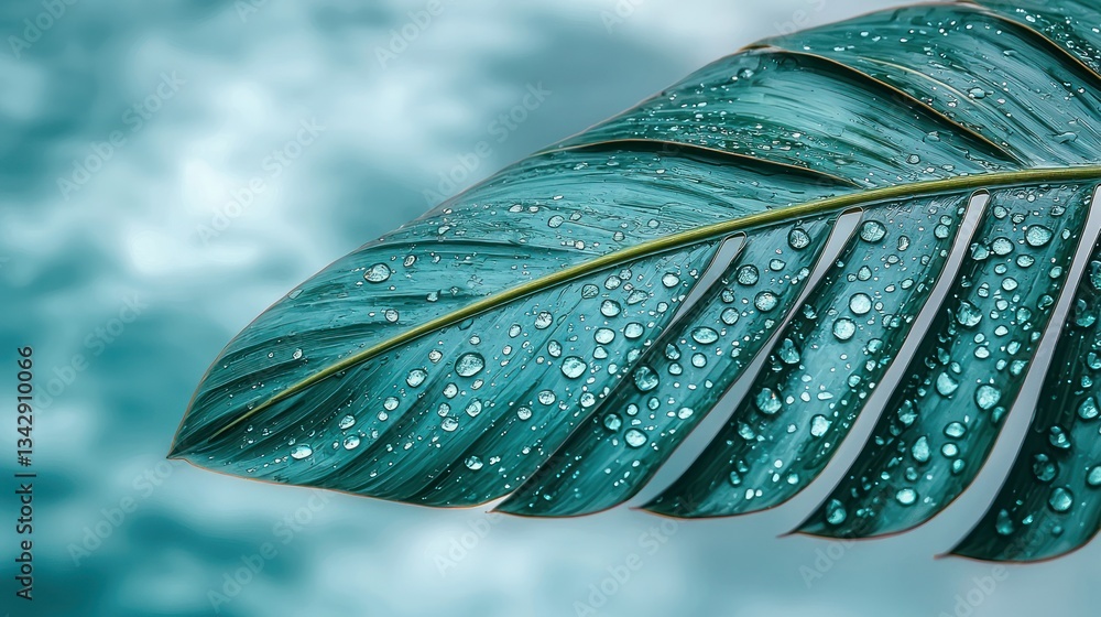 Obraz premium A vibrant teal leaf, covered in dew drops, against a soft teal and cloudy background