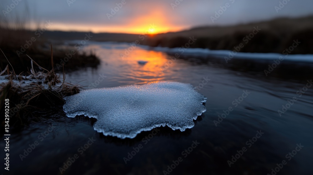 Fototapeta premium Frozen water reflecting sunset. A delicate piece of ice floats on a tranquil stream, highlighted by a vibrant sunset