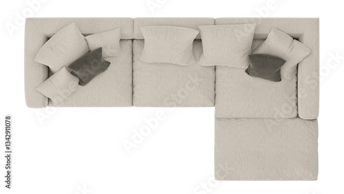 Top View of a Modern Beige Sectional Sofa with Cushions and Throw Pillows 3D Rendering
