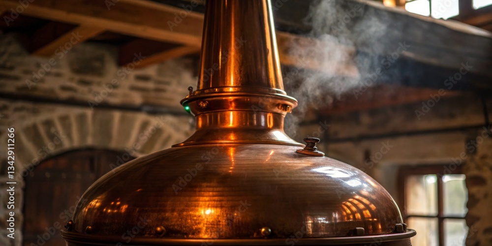Crafting beer in a rustic brewery with copper kettle and steam rising in a historic setting