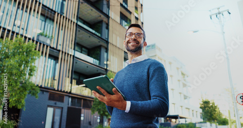 Foto City, businessman and thinking with tablet for research, realtor and project for property development