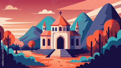 A converted monastery retreat where the serene atmosphere and ancient architecture lend themselves to creative contemplation.. Vector illustration