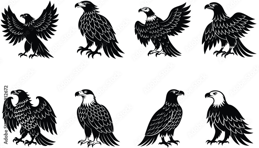 Naklejka premium Eagle Vector Shilhouette Bundle Set Collection. eagle silhouette set, flying eagle silhouette vector