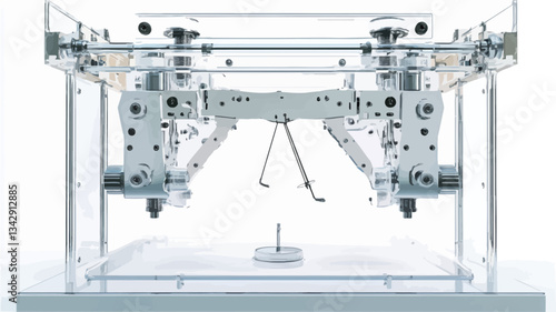 The image shows a close-up view of a complex robotic mechanism enclosed within a transparent, cubic casing. The mechanism consists primarily of metallic components, including articulated arms,