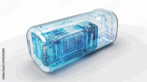 A digitally rendered image showcasing a transparent capsule-shaped object against a white background.  The capsule reveals an intricate, internal structure rendered in shades of blue. The object is