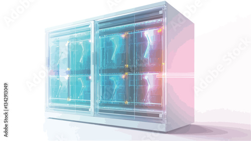 The image shows a digitally rendered, white, rectangular cabinet.  The cabinet is divided into two sections by a visible seam.  Within the transparent sections, stylized, semi-transparent,